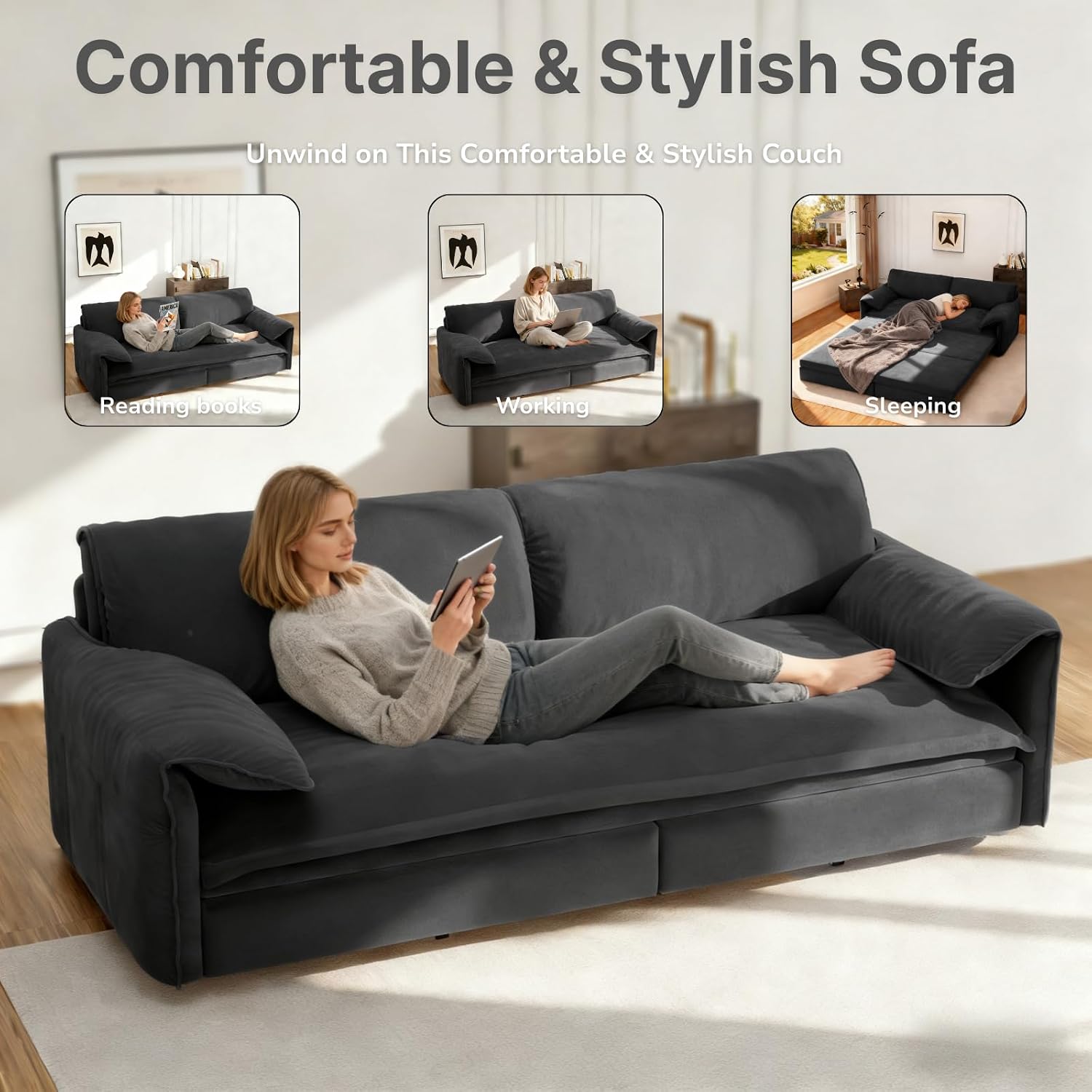 66' Convertible Pull-Out Couch Bed, Velvet 3-in-1 Queen-Size Sleeper Sofa with Storage Side Pockets, Sleeper Loveseat for Apartments, Living Rooms, Offices, RV