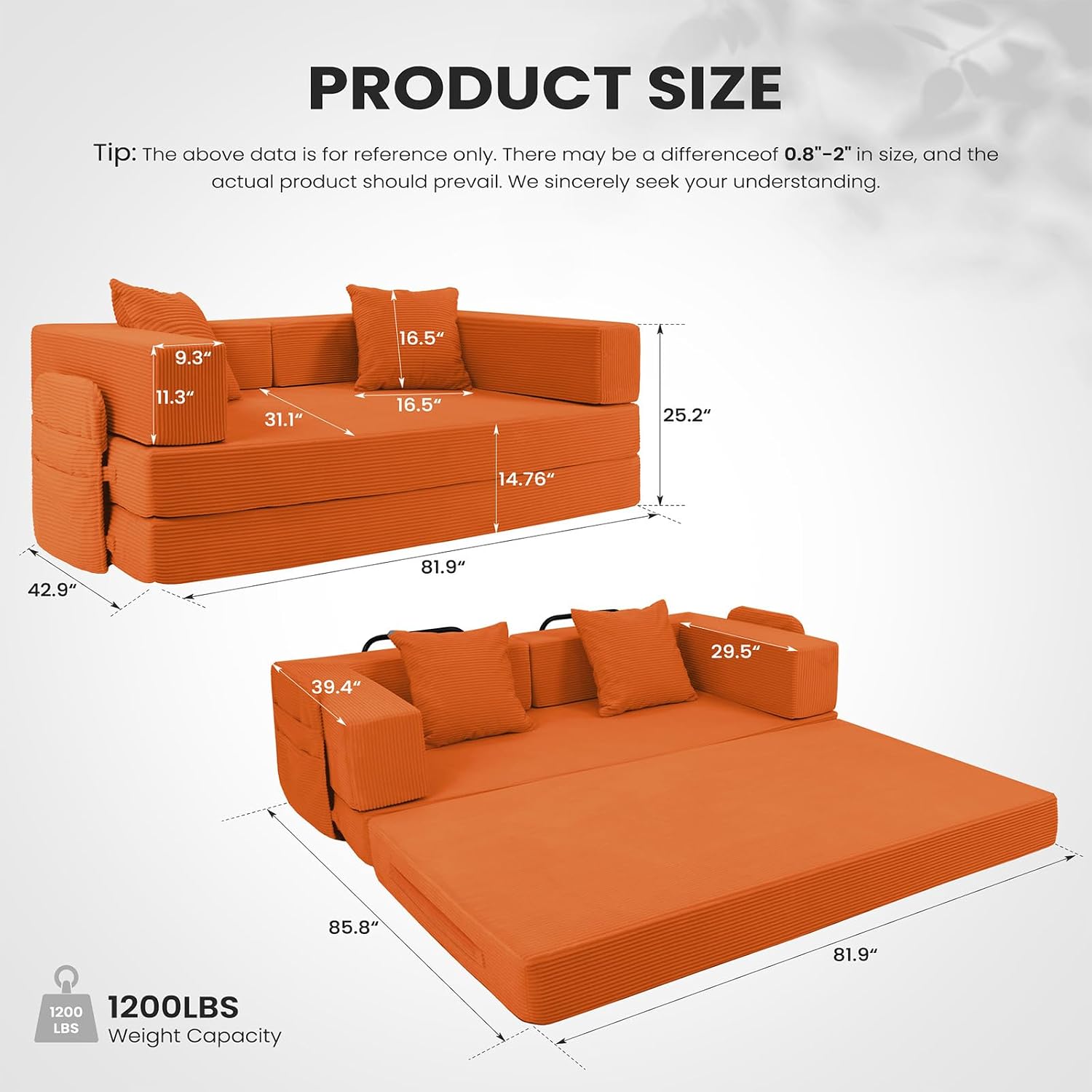 5‑in‑1 Futon Sofa Bed Queen–Floor Foldable Convertible Sofa Couch with L‑Shaped Armrests, Removable Cover, Orange Convertible Guest Bed | Space‑Saving Fold‑Out Mattress Lounge for Living Room/Bedroom