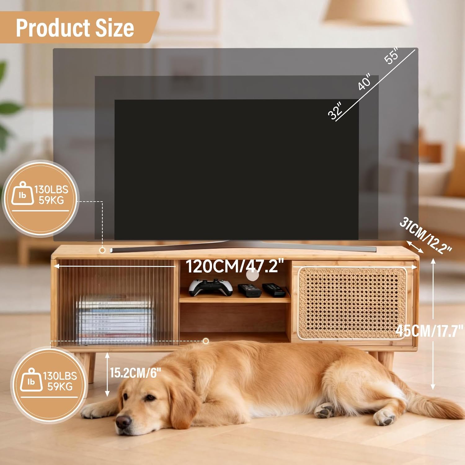 Tiita Rattan TV Stand for 55 Inch TV, Bamboo TV Cabinet with Adjustable Shelf and Storage, Boho Entertainment Center, Mid Century Modern Media Console for Bedroom, Living Room, Study (Natural)