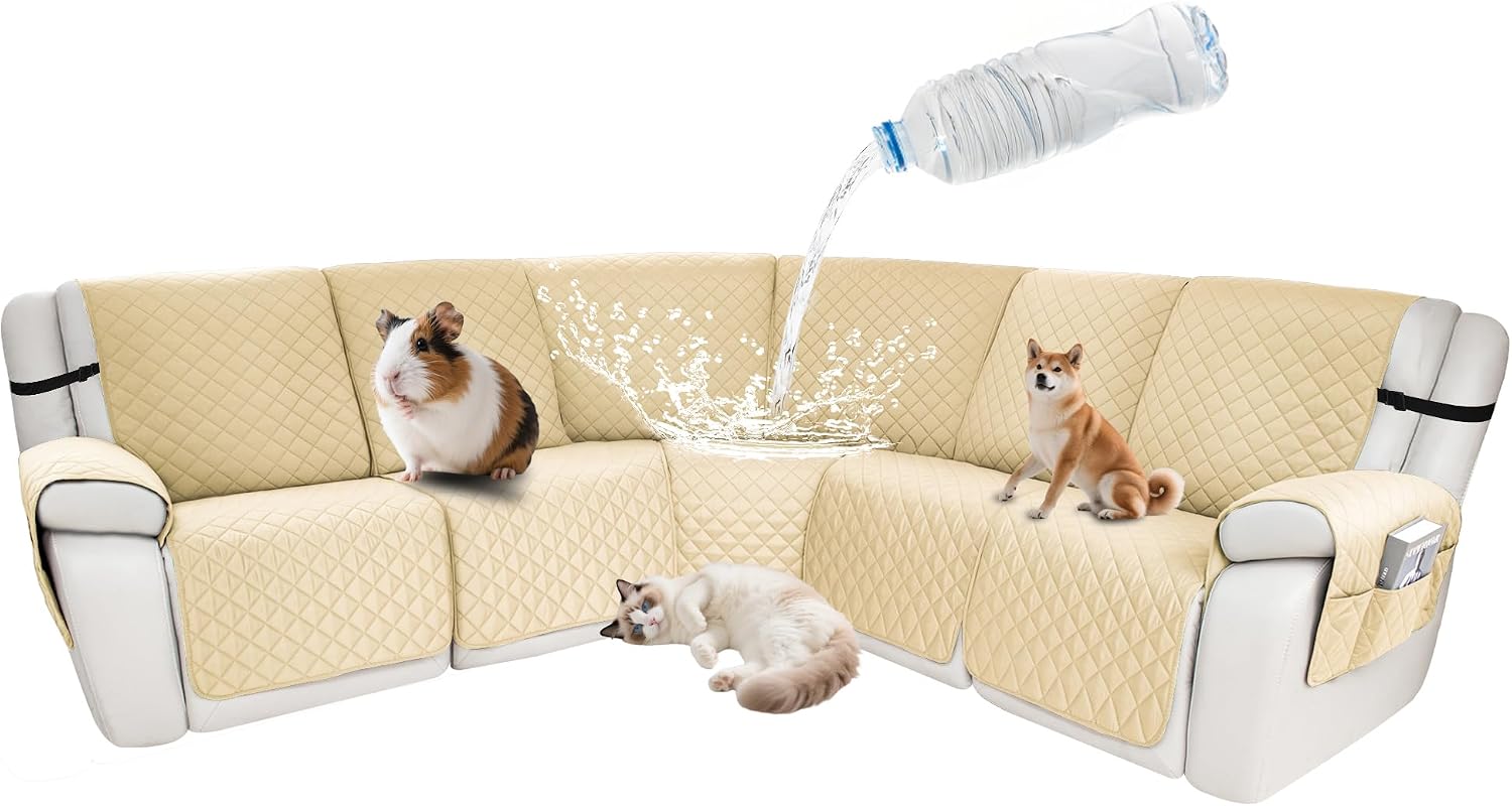 Waterproof Sectional Reclining Couch Covers L Shaped Recliner Sectional Sofa Cover 7 Piece Non Slip Washable Corner Recliner Slipcover Set for Pet Dog (5 Seater Cover, Beige)