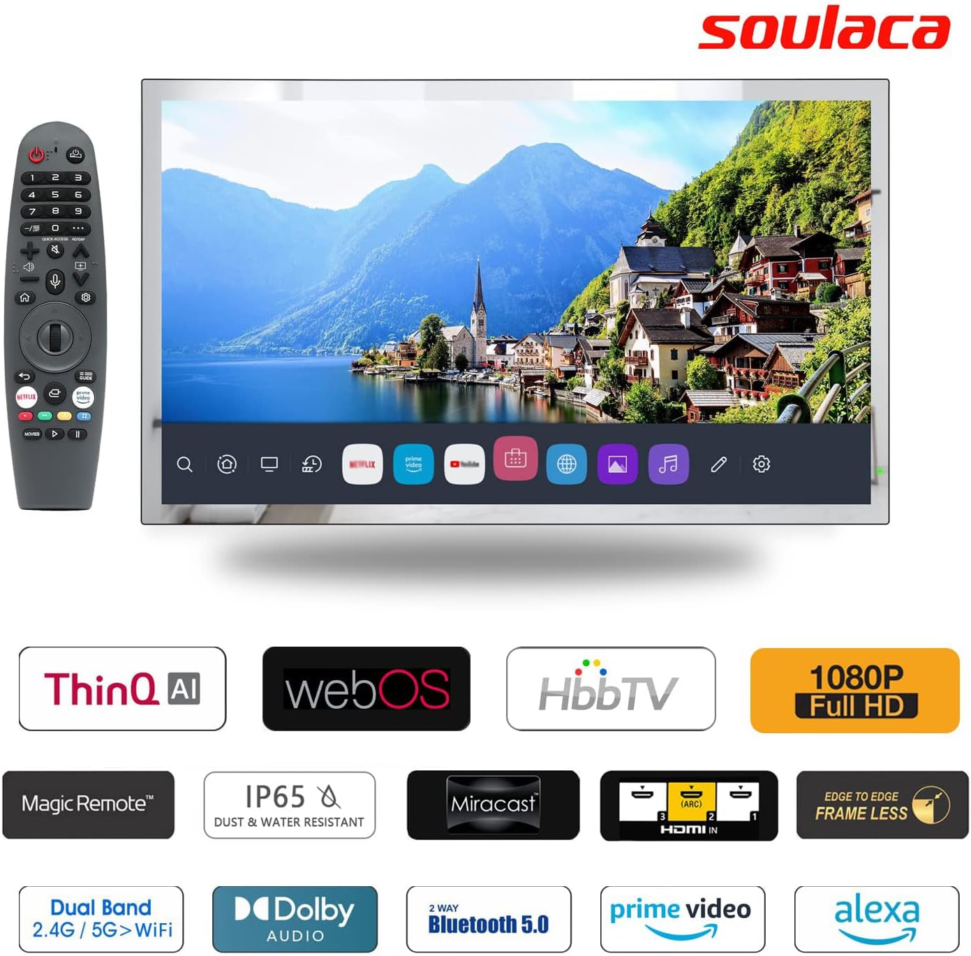 Soulaca 27 inch Bathroom Smart Mirror LED TV Shower Waterproof IP65 with Alexa Built-in Full HD ATSC Tuner Wi-Fi & Bluetooth webOS Model 2026
