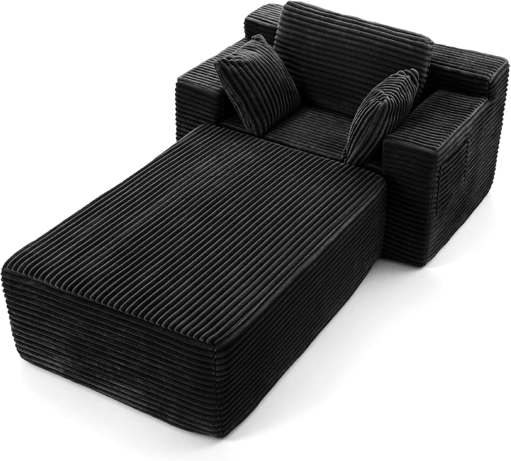 67' Oversized Chaise Lounge Chair Indoor with Ottoman and Double Side Pockets, Corduroy Deep Seat Couch, Boneless Couches for Living Room, No Assembly, Black