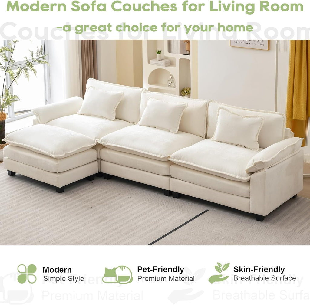 Oprisen 120' Modular Sectional Sofa, Comfy Cloud Couch Sectional Sofa with Ottoman, Chenille Sofa Sleeper Deep Seat Sofa with Throw Pillows for Living Room (Beige White, 120'- L Shape)