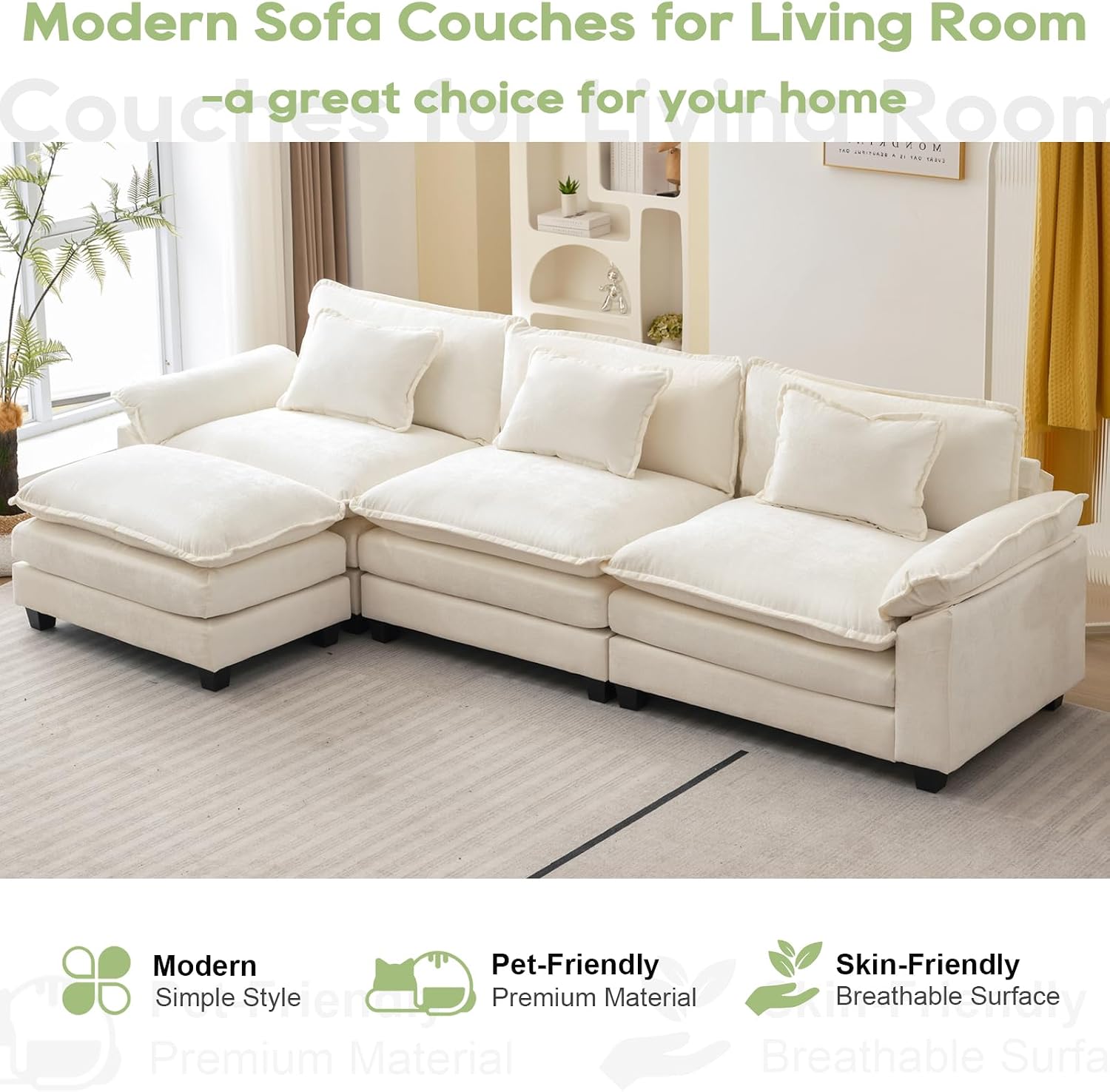 Oprisen 120' Modular Sectional Sofa, Comfy Cloud Couch Sectional Sofa with Ottoman, Chenille Sofa Sleeper Deep Seat Sofa with Throw Pillows for Living Room (Beige White, 120'- L Shape)