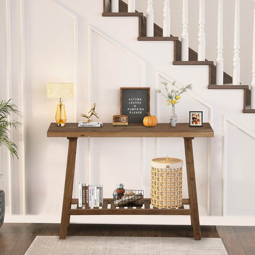 HOKYHOKY Reclaimed Solid Wood Console Table, 43.3' Farmhouse Entryway Table, Narrow Couch Tables Behind Sofa, 2 Tiers Accent Tables for Hallway, Entrance, Foyer, Living Room