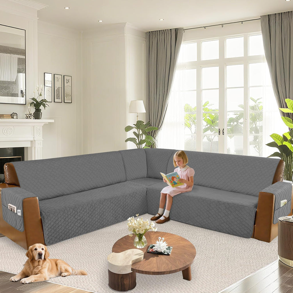 Arfntevss Waterproof Sectional Couch Covers L Shape Washable Velvet Sofa Cover for Sectional Non Slip Large Corner Slipcovers Dog 6 Pcs Universal U Shaped Furniture Protector (Dark Grey, XX-Large)