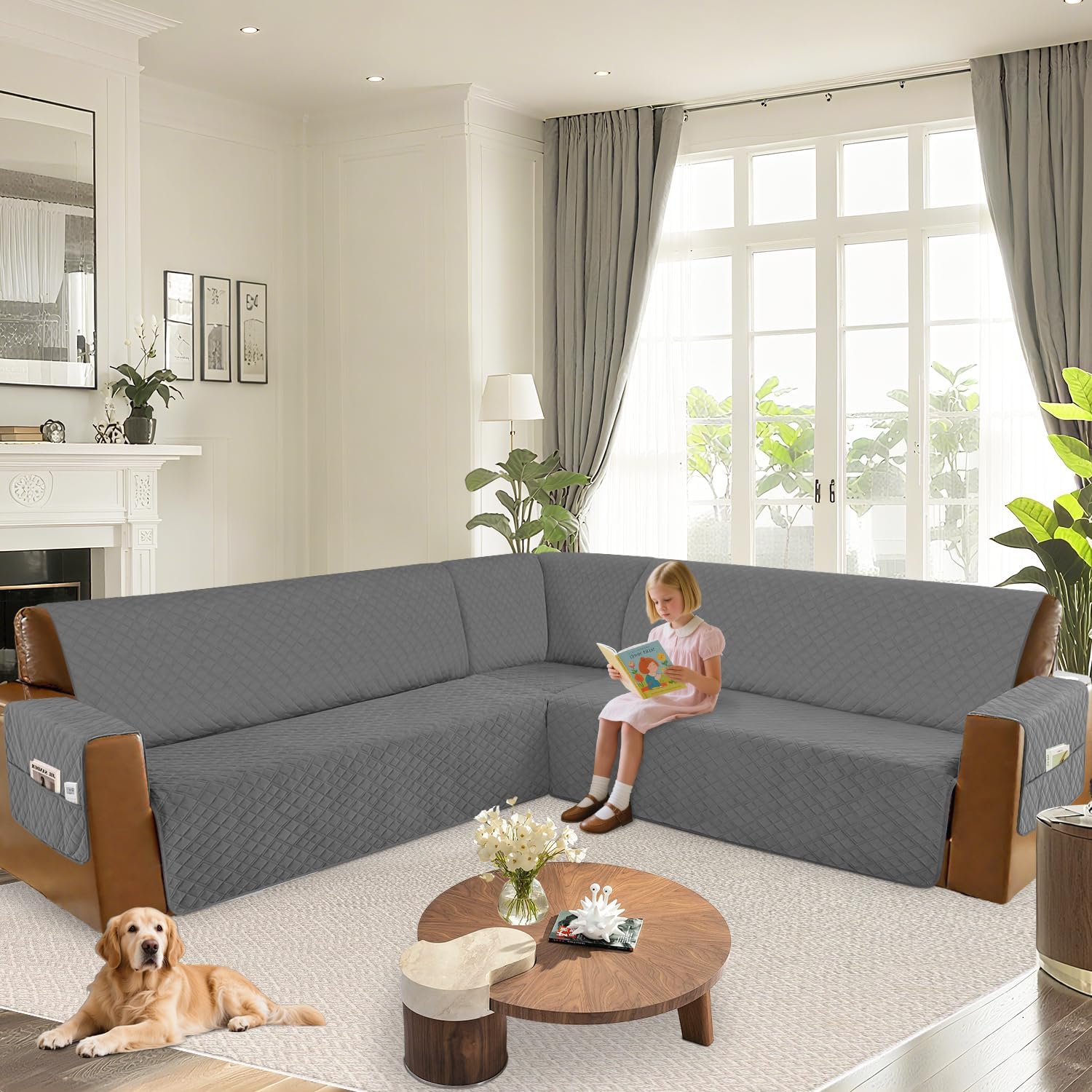 Arfntevss Waterproof Sectional Couch Covers L Shape Washable Velvet Sofa Cover for Sectional Non Slip Large Corner Slipcovers Dog 6 Pcs Universal U Shaped Furniture Protector (Dark Grey, XX-Large)
