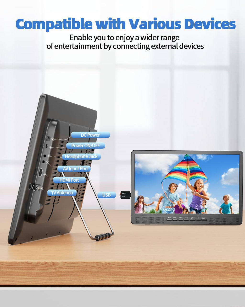 Desobry 18.2' Portable TV with Antenna, 1080P LED TV with HDMI Input/AV Input/USB Port, Small TV for Kitchen, Camping, RV, Bedroom, Patio, Indoor Outdoor Portable T V Built-in Stand