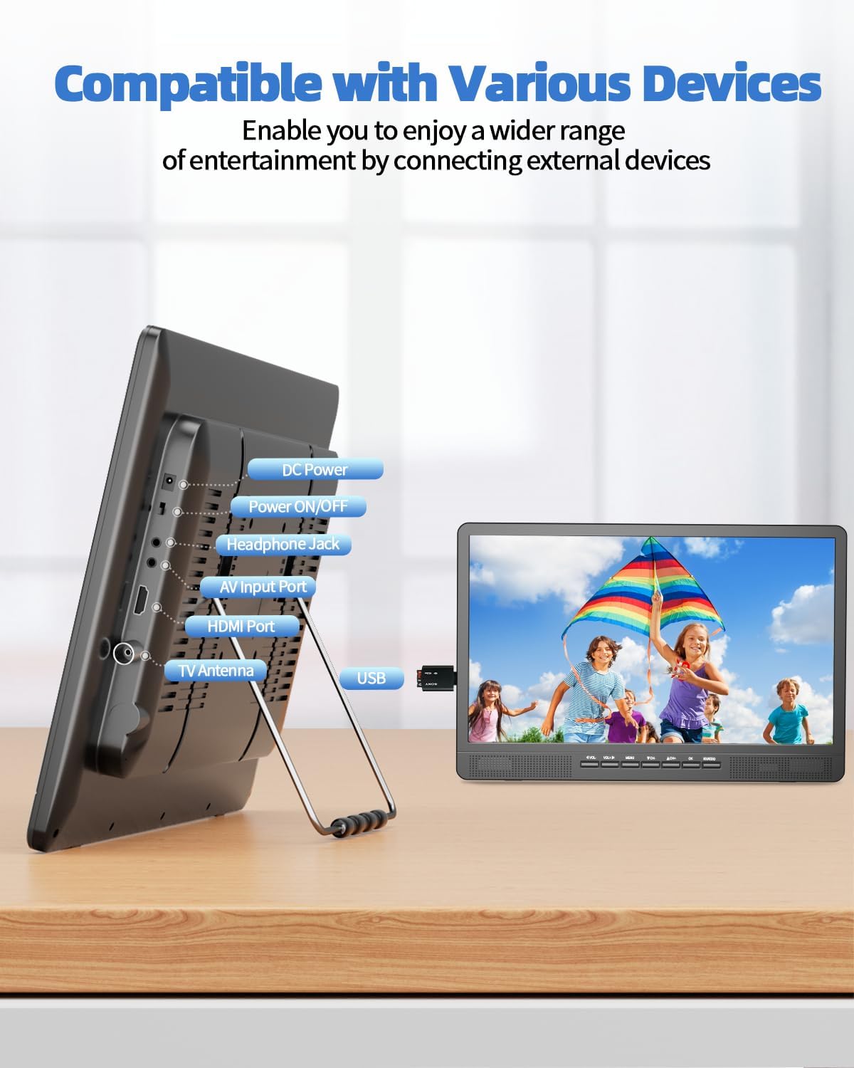 Desobry 18.2' Portable TV with Antenna, 1080P LED TV with HDMI Input/AV Input/USB Port, Small TV for Kitchen, Camping, RV, Bedroom, Patio, Indoor Outdoor Portable T V Built-in Stand