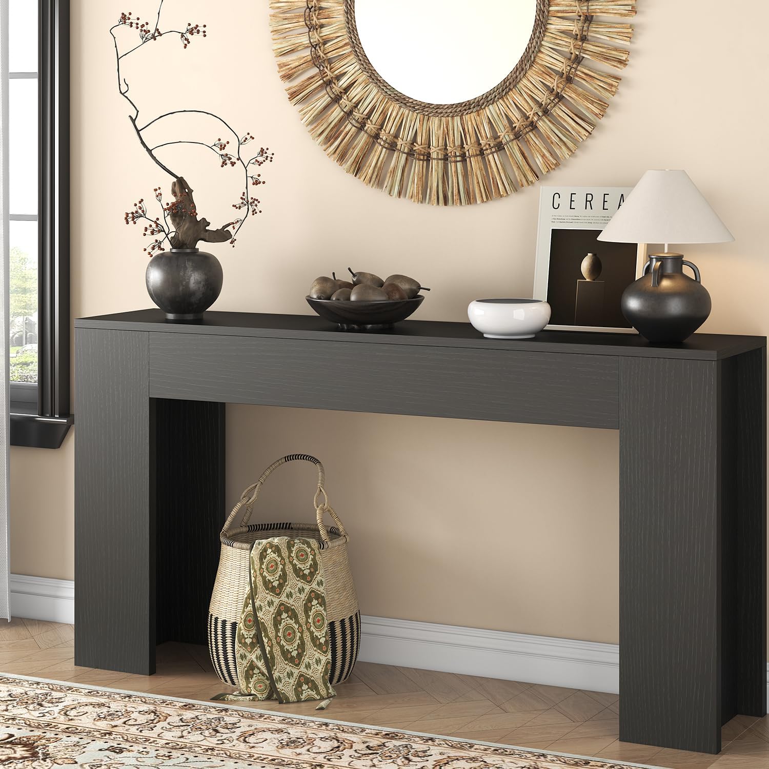 knoworld 63-Inch Long Console Table with LED Light, Farmhouse Sofa Table Behind Couch, Wooden Console Table for Entryway Hallway Entrance Living Room, Black