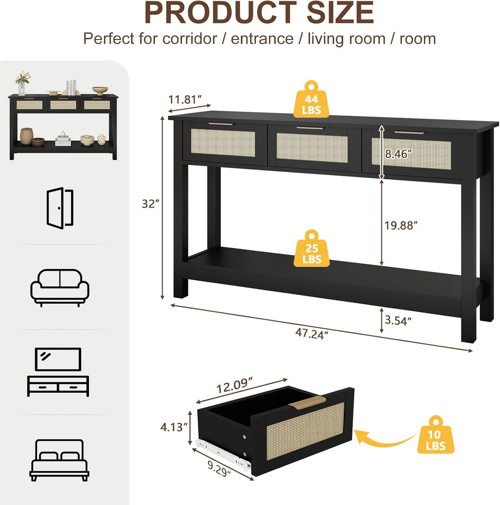 Luoxiao Entryway Table, 47' Rattan Console Tables with 3 Drawers, Narrow Hallway Table for Entryway with Storage Shelf, Slim Sofa Table Behind Couch, Modern Black Foyer Entry Way Table, Easy Assembly