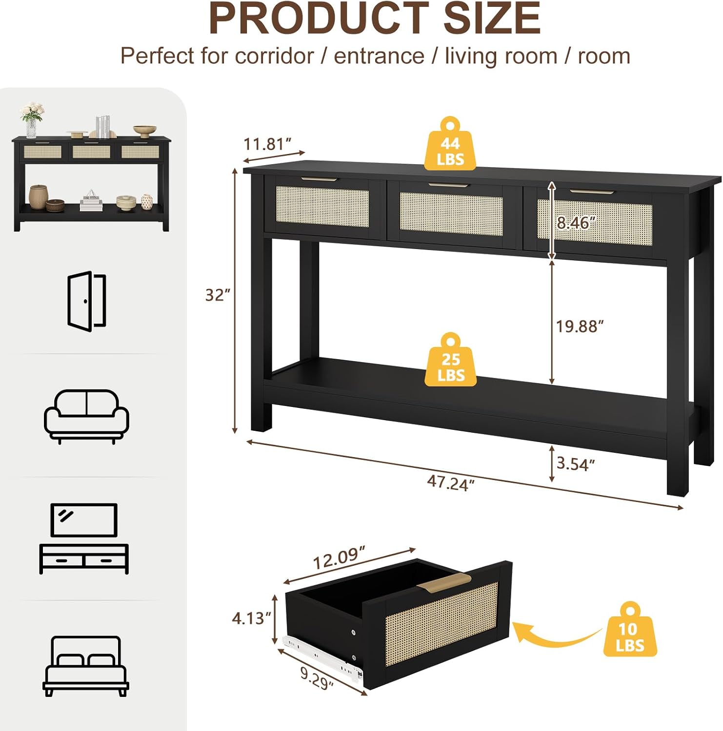 Luoxiao Entryway Table, 47' Rattan Console Tables with 3 Drawers, Narrow Hallway Table for Entryway with Storage Shelf, Slim Sofa Table Behind Couch, Modern Black Foyer Entry Way Table, Easy Assembly