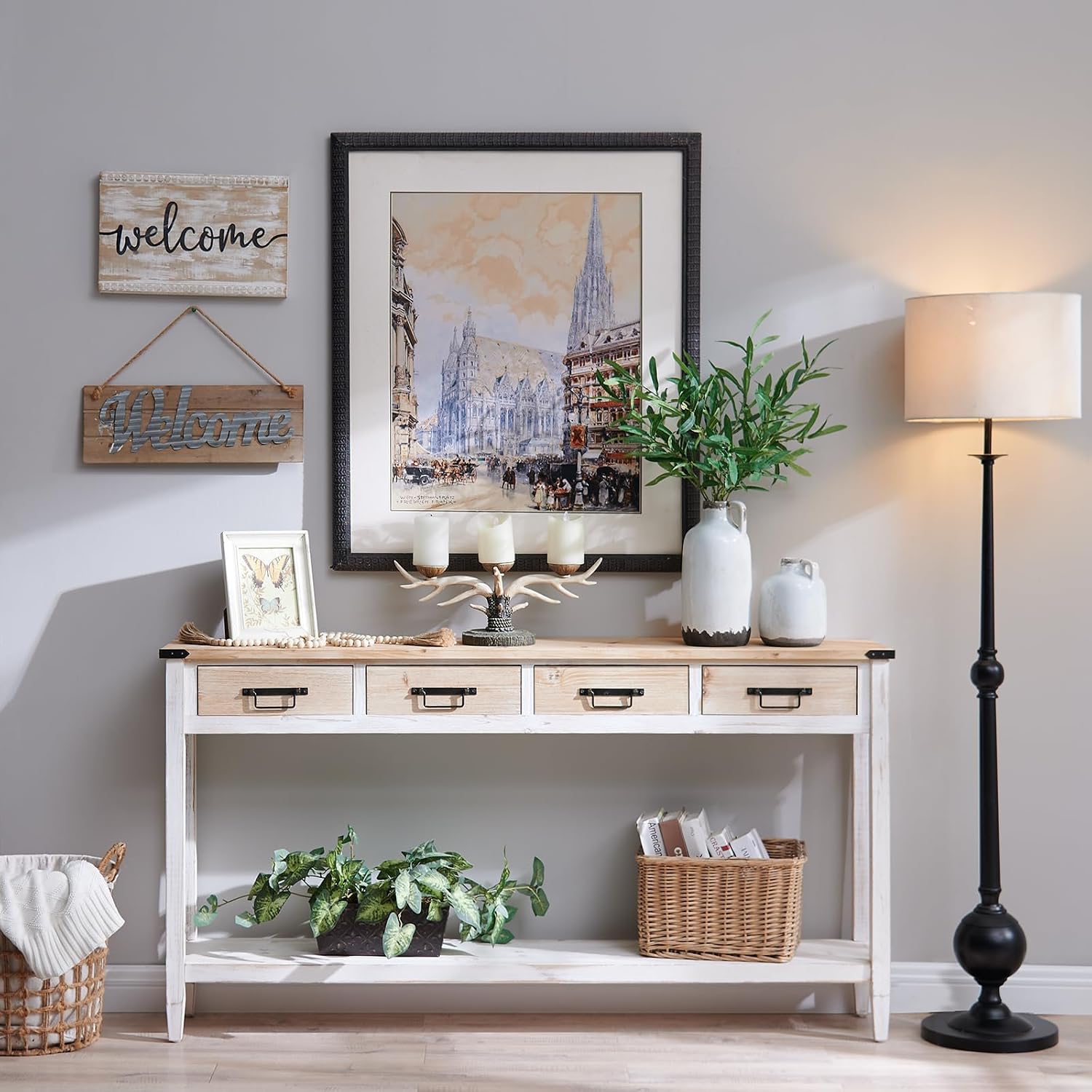 RUSTOWN Farmhouse Console Table with 4 Drawer, 60' Long Rustic Entryway Table with Open Storage Shelves and Handmade Metal Handle, Narrow Foyer Sofa Table for Living Room, Entryway, Hallway(White)