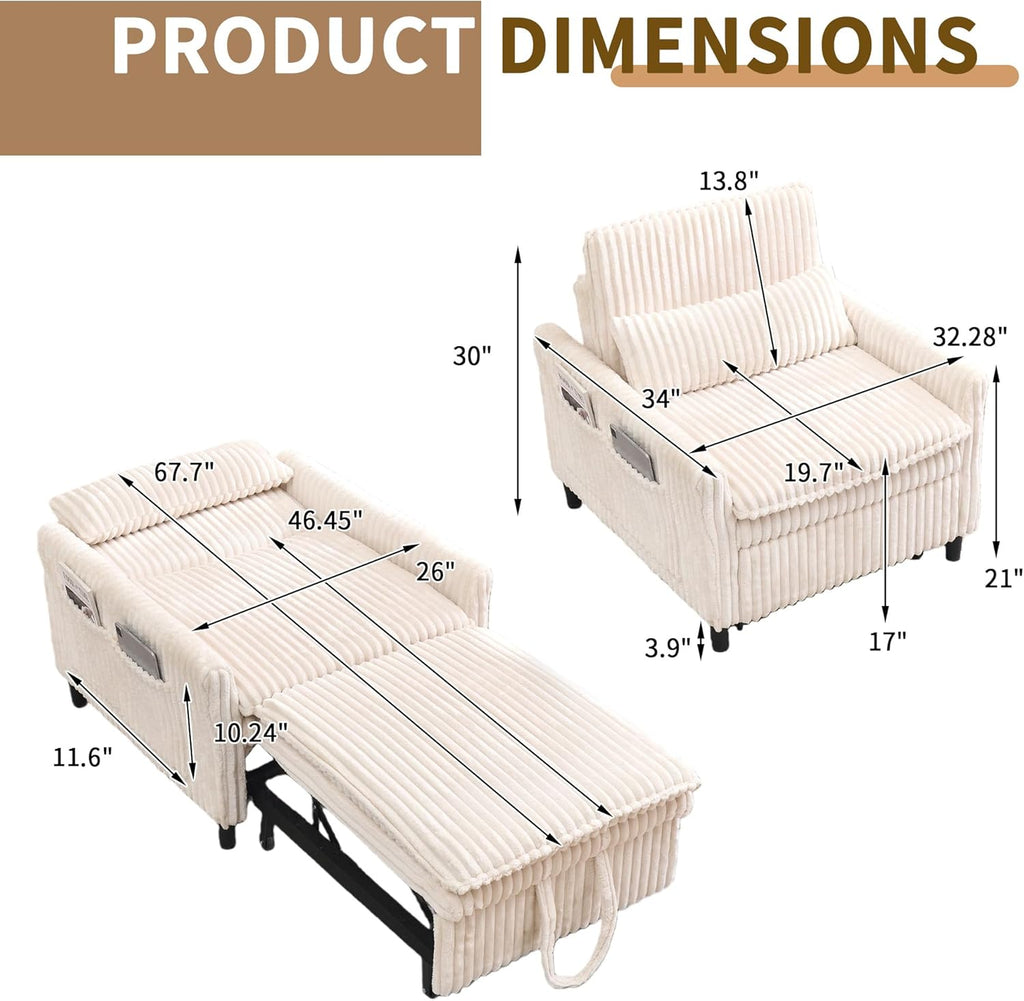 Majnesvon Modern Corduroy Fabric Sofa Bed Futon,3 in 1 Convertible Pullout Sleeper Couches with 3 Reclining Backrests,Small Sofa Chair Bed for Living Room Bedroom (White)