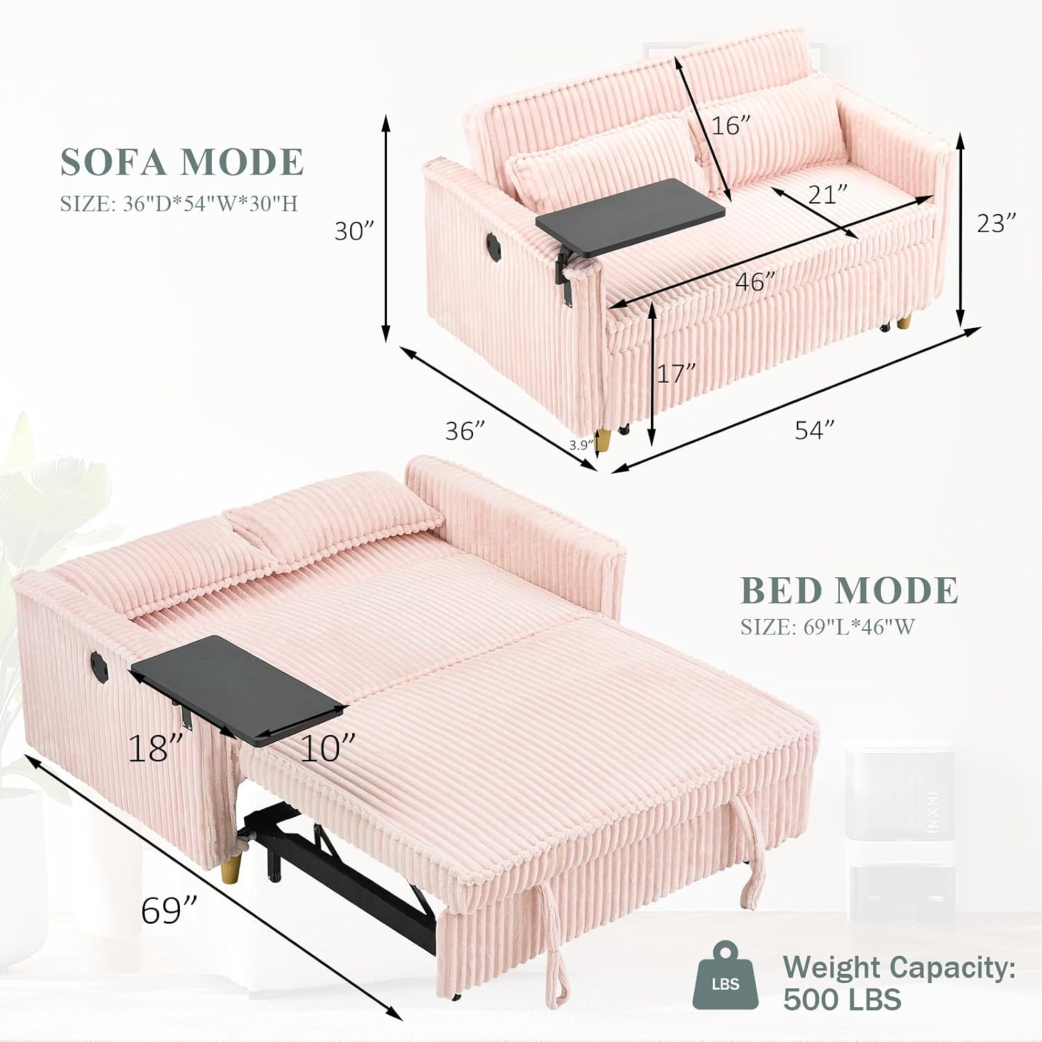 54'W Convertible Sleeper Sofa Bed,3-In-1 Corduroy Pull Out Couch Bed,Futon Loveseat Sleeper Couch with Adjustable Backrest & USB Ports & Side Table,Recliner for Living Room/Office/Small Space(Pink)