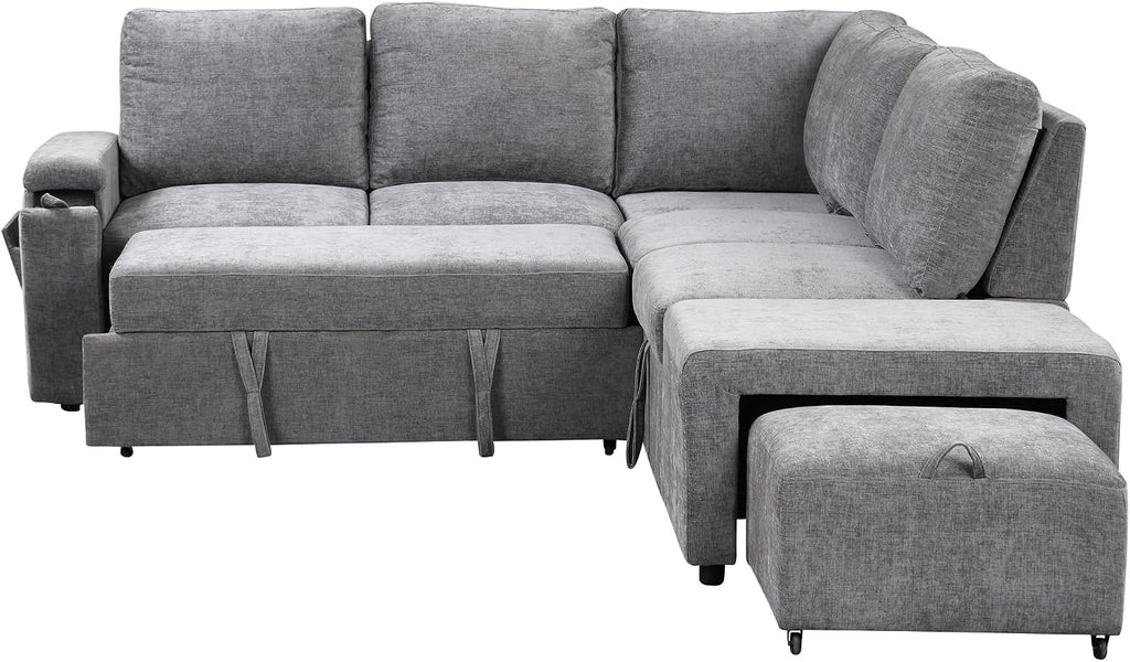 LUMISOL 90' Convertible Sleeper Sofa Bed with Ottoman, L-Shaped Sectional Sofa Bed with USB Ports, Cup Holders & Storage, Modular Sofa Pull Out Couch Bed with Storage Chaise for Living Room, Gray