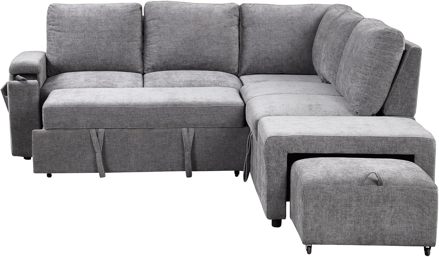 LUMISOL 90' Convertible Sleeper Sofa Bed with Ottoman, L-Shaped Sectional Sofa Bed with USB Ports, Cup Holders & Storage, Modular Sofa Pull Out Couch Bed with Storage Chaise for Living Room, Gray