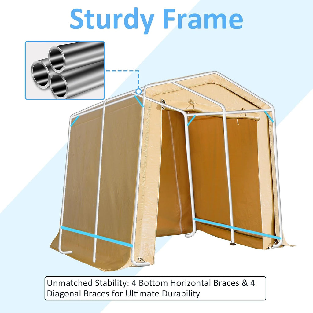 CHARMELEON 8x8FT Heavy Duty Outdoor Storage Shelter,Portable Garage Shelter for Garden Tool Motorcycle Bike,All-Steel Metal Frame Storage Tent with Dual Doors & Thickened Fabric (Khaki)