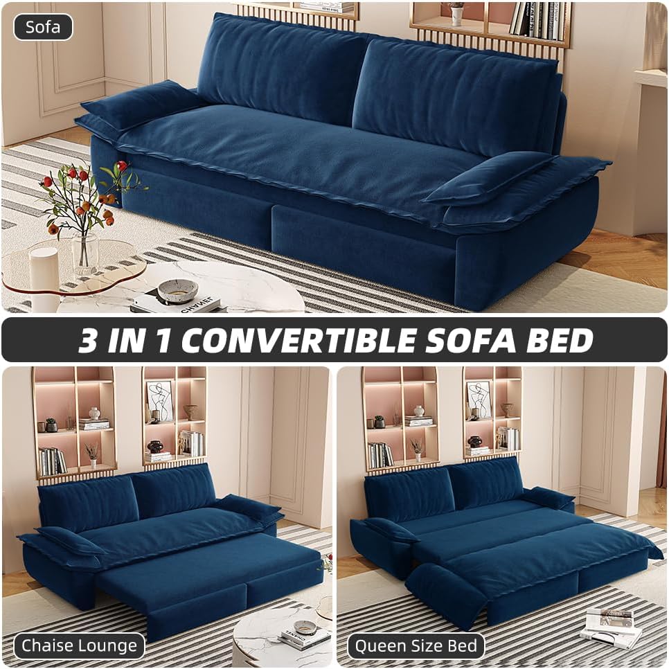 73.2' Sleeper Sofa Bed Queen Size, 3-in-1 Convertible Couch, Modern Pull Out Couches, Comfy Velvet Futon Sofa, Cloud Loveseat Lounge, Pillow Arm for Small Spaces, Living Room, Apartment, Blue