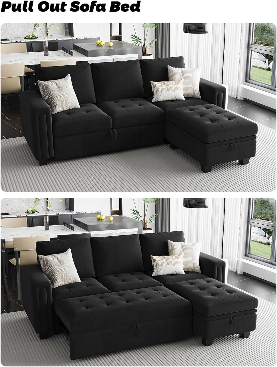 Belffin Sectional Sleeper Sofa with Pull Out Couch Bed Modular Sectional Sofa with Storage Velvet L Shaped Couch Sleeper Bed Black