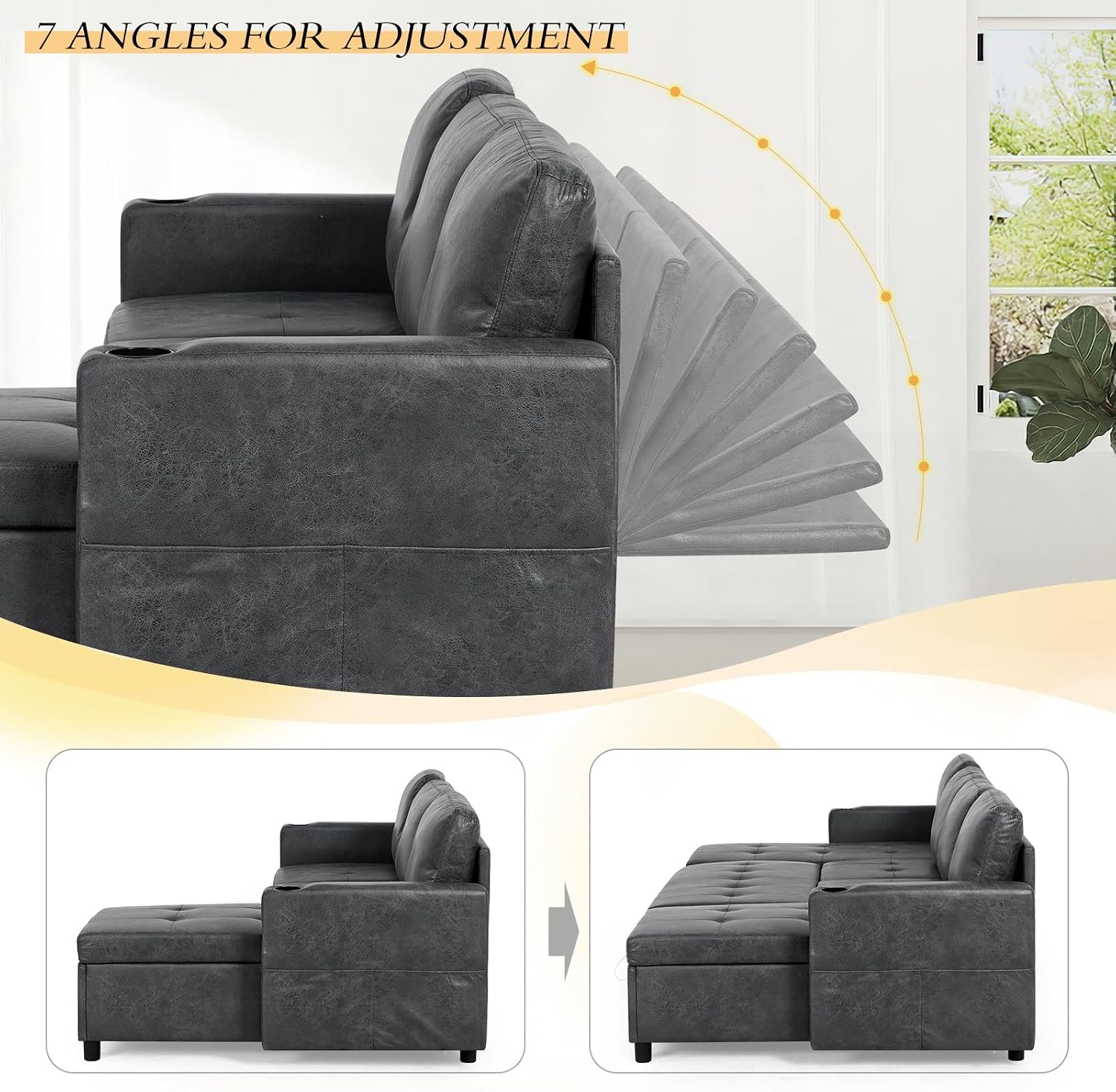 84 inches Suede Leather Sleeper Sofa w/Pull Out Bed, L-Shape Sectional Sofa Bed w/Adjustable Backrest and Storage Chaise, 3-Seats Upholstered Sofa Bed w/USB Port for Living Room, Grey