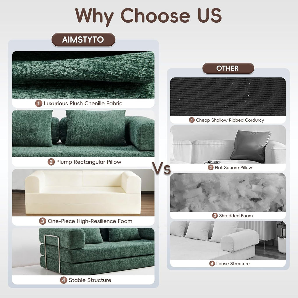 5-in-1 Convertible Folding Sofa Bed, 79' Queen Chenille Boneless Couch with Removable Armrests, No Assembly Loveseat Sleeper Sofa, Modular Futon Couch for Living Room & Bedroom (Emerald Green) | 5-in-1 Convertible