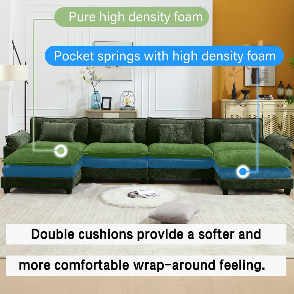 Oprisen 154' Modular Sectional Sofa, Comfy Cloud Couch Sectional Sofa with Ottoman, Chenille Sofa Sleeper Deep Seat Sofa with Throw Pillows for Living Room (Green, 154'- U Shape)