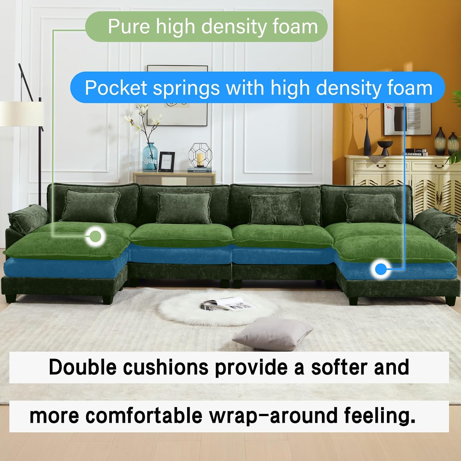 Oprisen 154' Modular Sectional Sofa, Comfy Cloud Couch Sectional Sofa with Ottoman, Chenille Sofa Sleeper Deep Seat Sofa with Throw Pillows for Living Room (Green, 154'- U Shape)