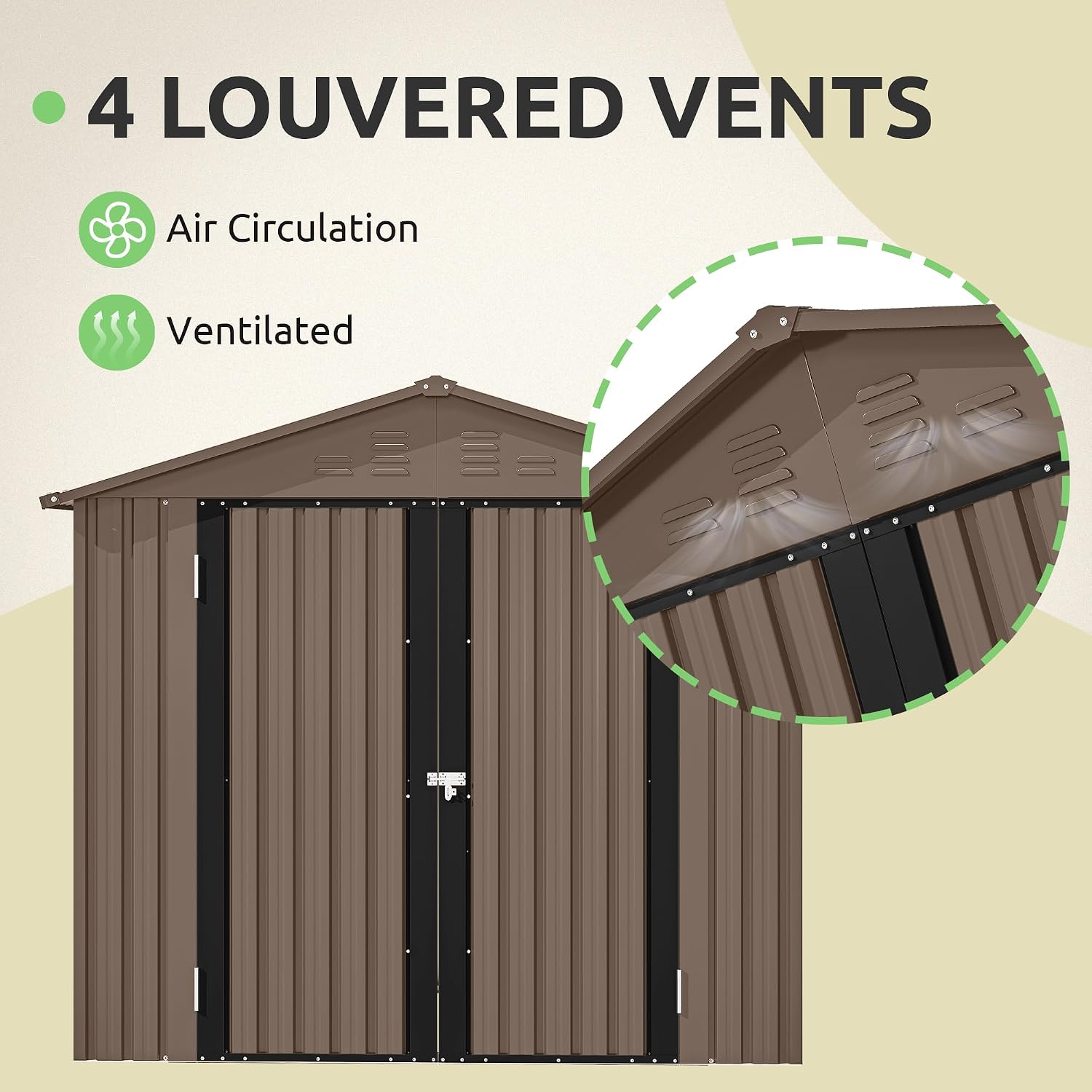 GOOBED 6x4FT Garden Storage Shed with Lockable Door and Vents, Metal Outdoor Tool Shed for Patio Lawn, and Backyard, Ideal for Storing Bikes, Trash Bins, Tools and Equipment, Brown