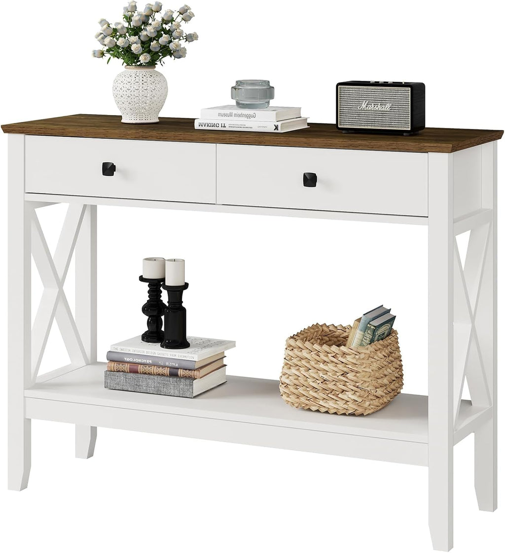 Lomojo Console Table,Sofa Table 13.8' D x 39.37' W x 31.5' HEntryway Table with 2 Drawers Storage Shelve Foyer Table for Entryway Farmhouse Hallway Tables (White)