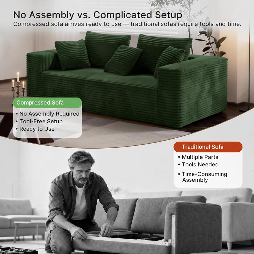 3-Seater Deep-Seat Corduroy Lounge Sleeper Sofa, No Assembly Frameless Foam Cloud Couch, Comfy Plush for Living Room Bedroom Apartment Dorm Office（Green）