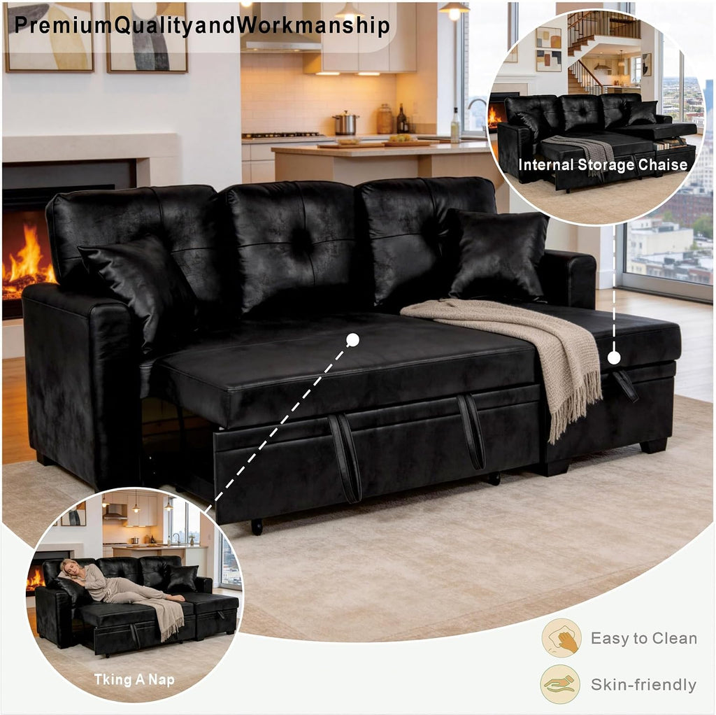 71' L-Shaped Couch with Pull Out Bed, Modern Sofa Bed Couch with Storage, Foil Fabric Convertible Sleeper Sofa, Multi-Functional Sectional Couches for Living Room, Apartment, Black