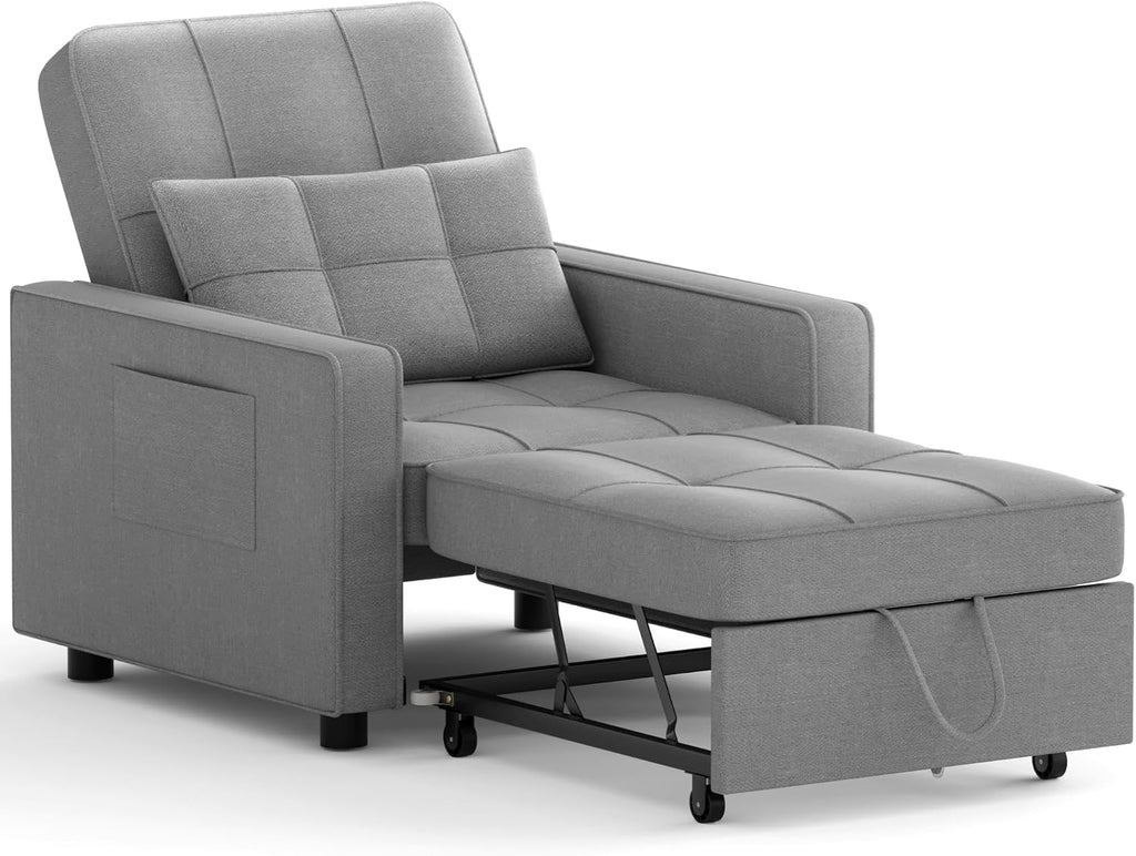Flamaker Sofa Bed, Sleeper Sofa 3-in-1, Adjustable Couch Bed with Modern Linen Fabric, Convertible Sleeper Chair, Couches for Living Room, Apartment and Small Space (Bright Gray)