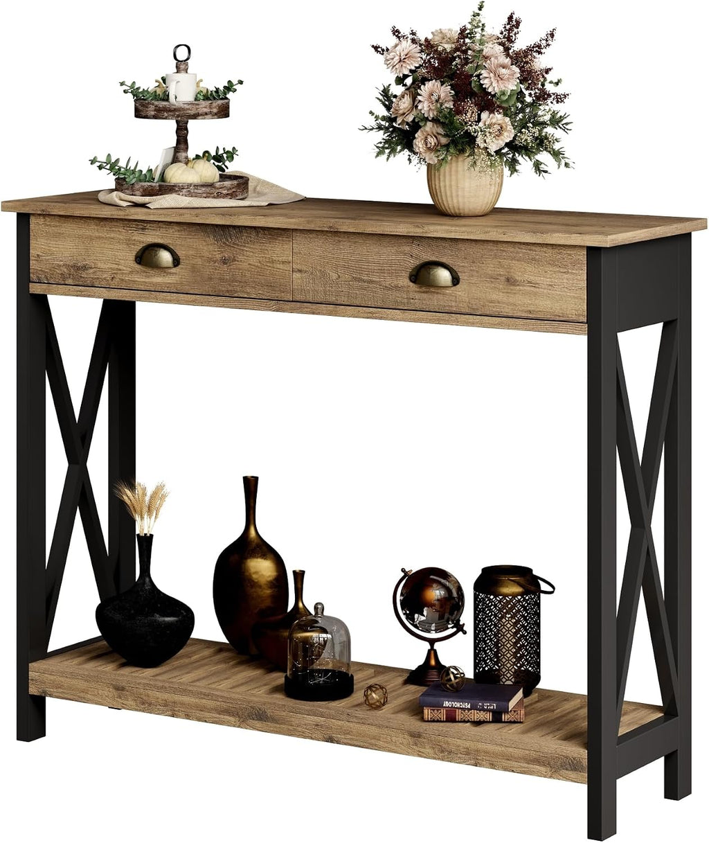 ChooChoo 47' Farmhouse Console Table with Drawer for Entryway, Narrow Long Entry Table with Shelf for Living Room, Rustic Vintage Hallway Sofa Table with Stable X Supports, Rustic Oak & Black