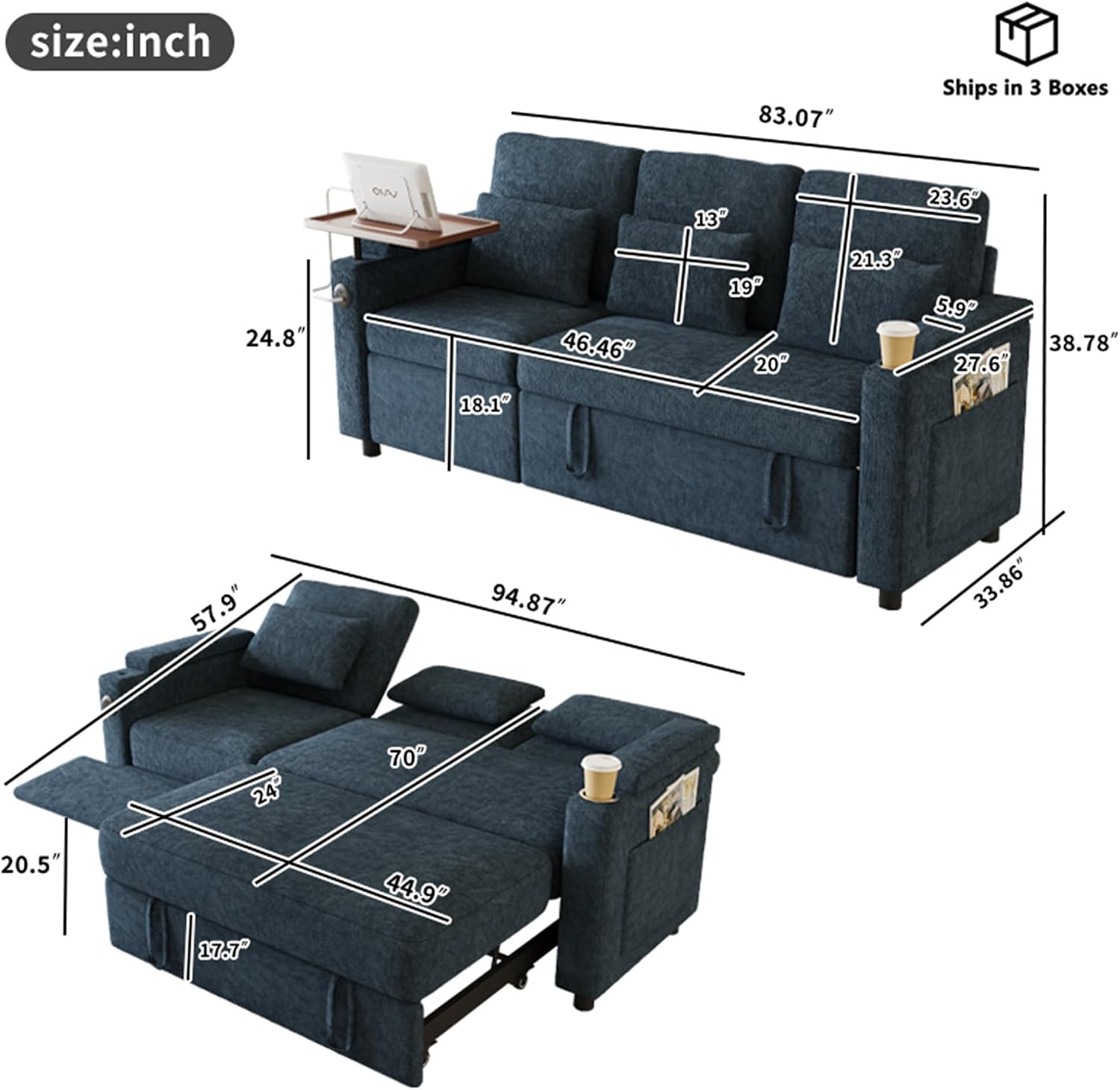 Oversized Modular Sectional Sofa with Reclining Chair, Queen Sleeper Sofa with Pull Out Couch Bed, Hide A Bed Couches Feature Cup Holder, Laptop Table and USB Port for Living Room, Apartment
