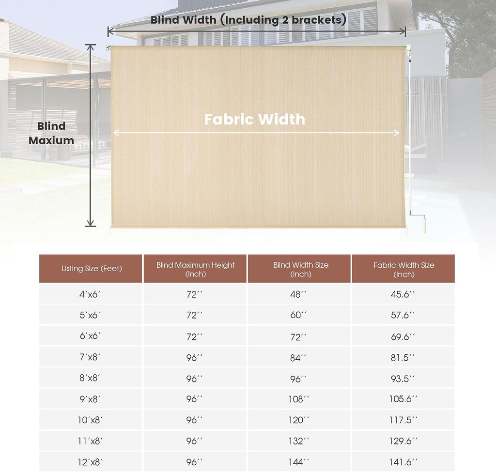 Outdoor Roller Shade 120' W x 96' H, Exterior Cordless Blinds with Splicing Design, UV Protection Roll Up Shade for Patio, Porch, Gazebo, Pergola, Wheat