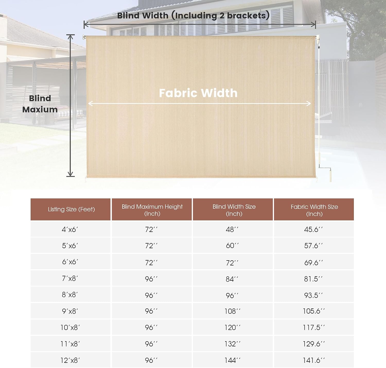 Outdoor Roller Shade 120' W x 96' H, Exterior Cordless Blinds with Splicing Design, UV Protection Roll Up Shade for Patio, Porch, Gazebo, Pergola, Wheat