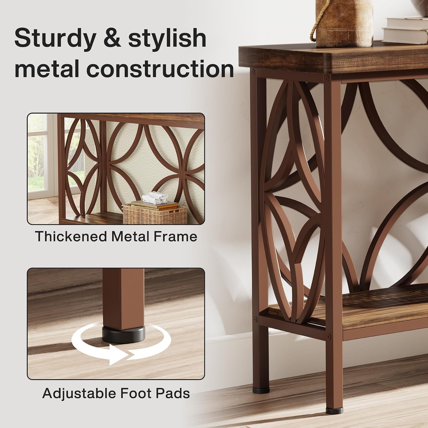 Tribesigns 70.9-Inch Narrow Sofa Table, 2-Tier Industrial Console Table Behind Couch, Long Entry Tables with Storage for Entryway, Living Room, Foyer, Hallway, Glossy Brown