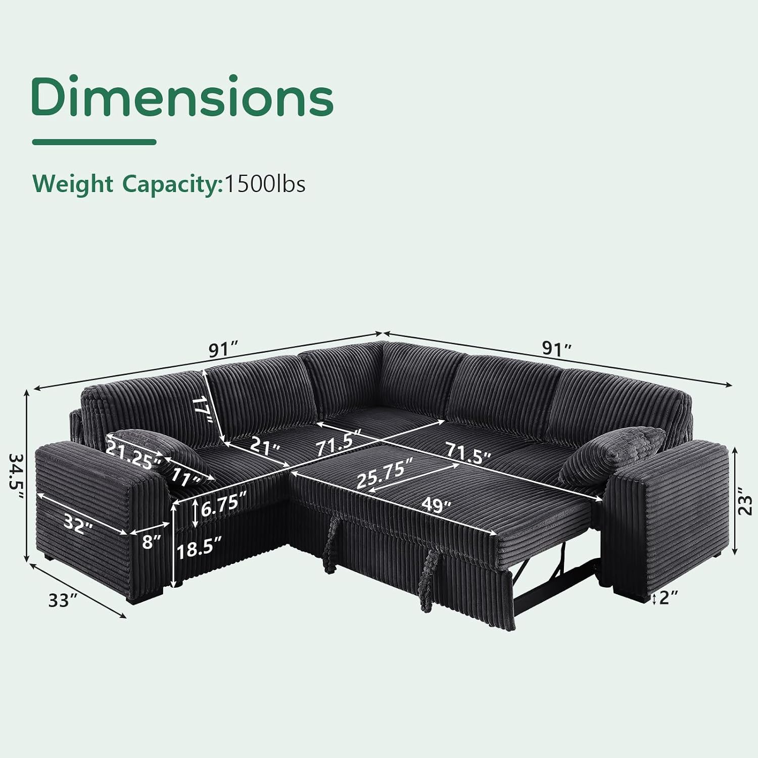 Yafylly 91' L-Shaped Sectional Sofa Bed with Recliner, Pull-Out Sleeper & Chaise Lounge, Convertible Corduroy Sofa for Apartment Living Room, Bedroom Dark Grey