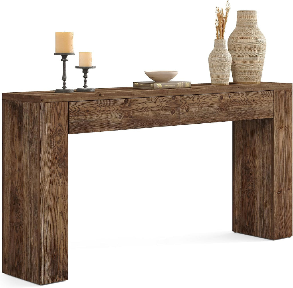 LITTLE TREE Sofa Table with 2 Drawers, 63 Inches Extra Long Console Table, Solid Wood Sofa Table Behind Couch, Large Entryway Hallway Foyer Tables for Living Room, Entrance, Rustic Brown