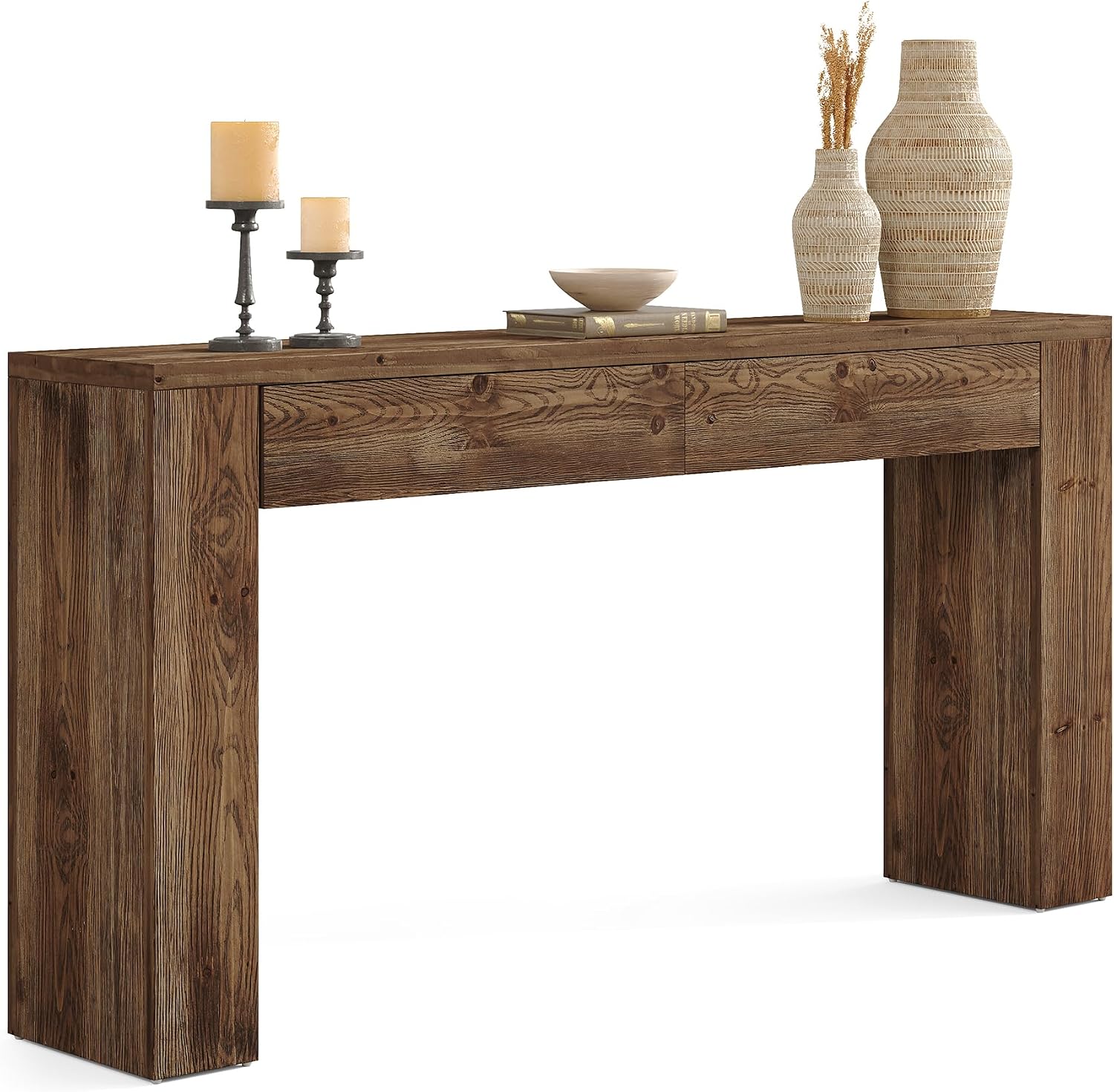 LITTLE TREE Sofa Table with 2 Drawers, 63 Inches Extra Long Console Table, Solid Wood Sofa Table Behind Couch, Large Entryway Hallway Foyer Tables for Living Room, Entrance, Rustic Brown