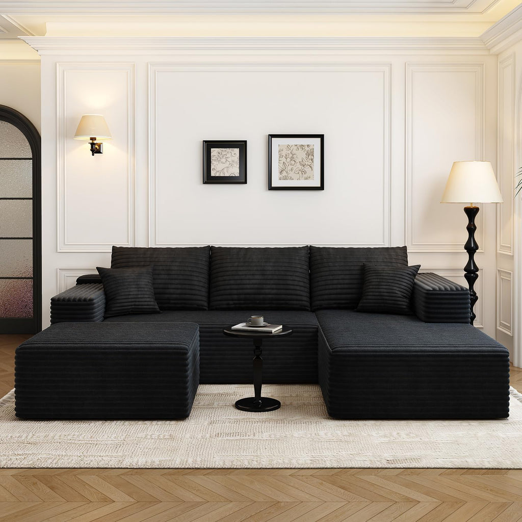 107.5' Cloud Modular Sectional Sofa with 1 Ottoman,Modern Minimalist Upholstered Couches, Comfort U Shaped Sofa for Living Room,Deep Seat Corner Couch，No Assembly Required (Black,Right Facing Chaise)
