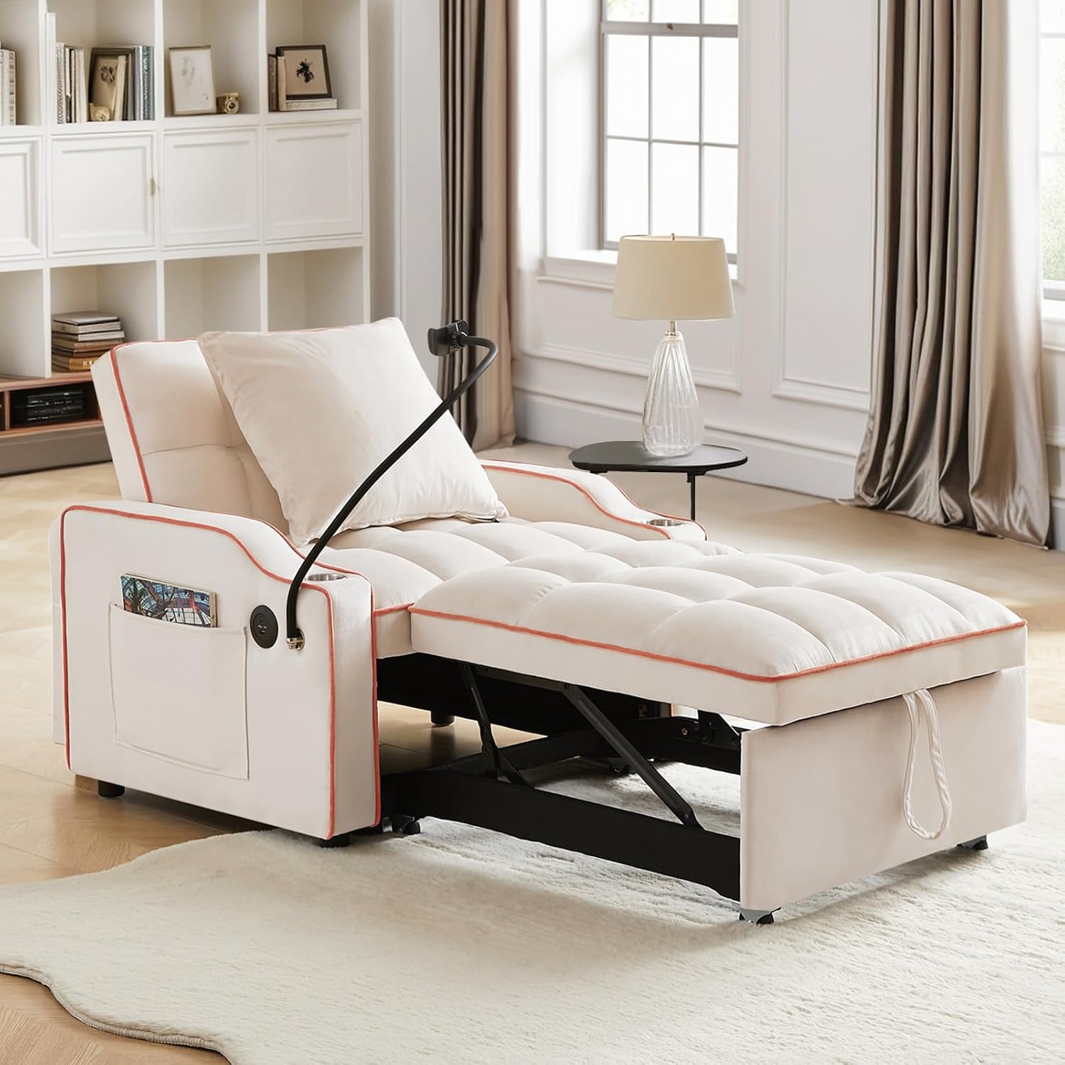 Antetek Sleeper Sofa Chair Bed with Charging Ports & Phone Holder & Cup Holder, Modern Velvet 3 in 1 Convertible Pull Out Single Sofa Chair Bed for Small Spaces Apartment, Beige