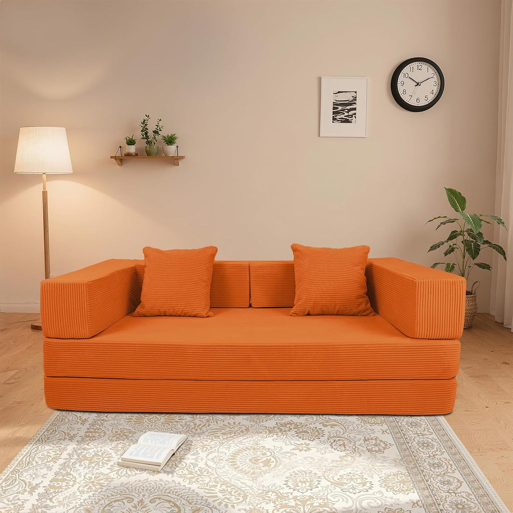 5‑in‑1 Futon Sofa Bed Queen–Floor Foldable Convertible Sofa Couch with L‑Shaped Armrests, Removable Cover, Orange Convertible Guest Bed | Space‑Saving Fold‑Out Mattress Lounge for Living Room/Bedroom