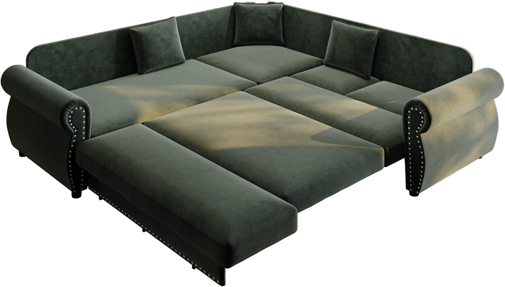 88.2' Pull Out Couch Bed King, L Shaped Convertible Sleeper Sofa, 4-Seater Couches with Rivet Armrests, 3 Pillows, Chenille Upholstery, Futon Sofa Bed for Living Room, Apartment, Office, Green