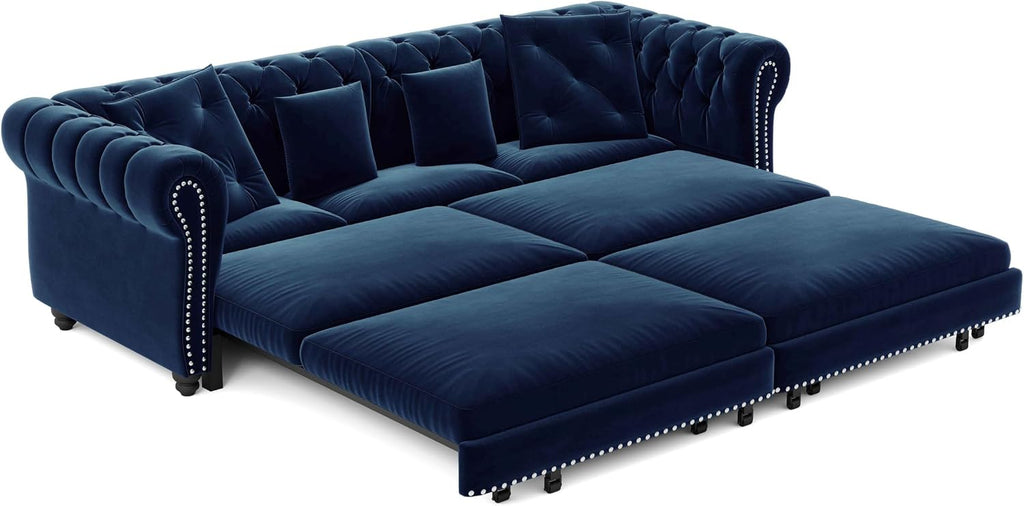 89'' Pull Out Sofa Bed King, Chesterfield Velvet Sleeper Sofa, Convertible L-Shaped Futon Couch, Tufted Back, 4 Pillows, Ottoman, Deep Seat Loveseat Couches for Living Room, Apartment, Blue