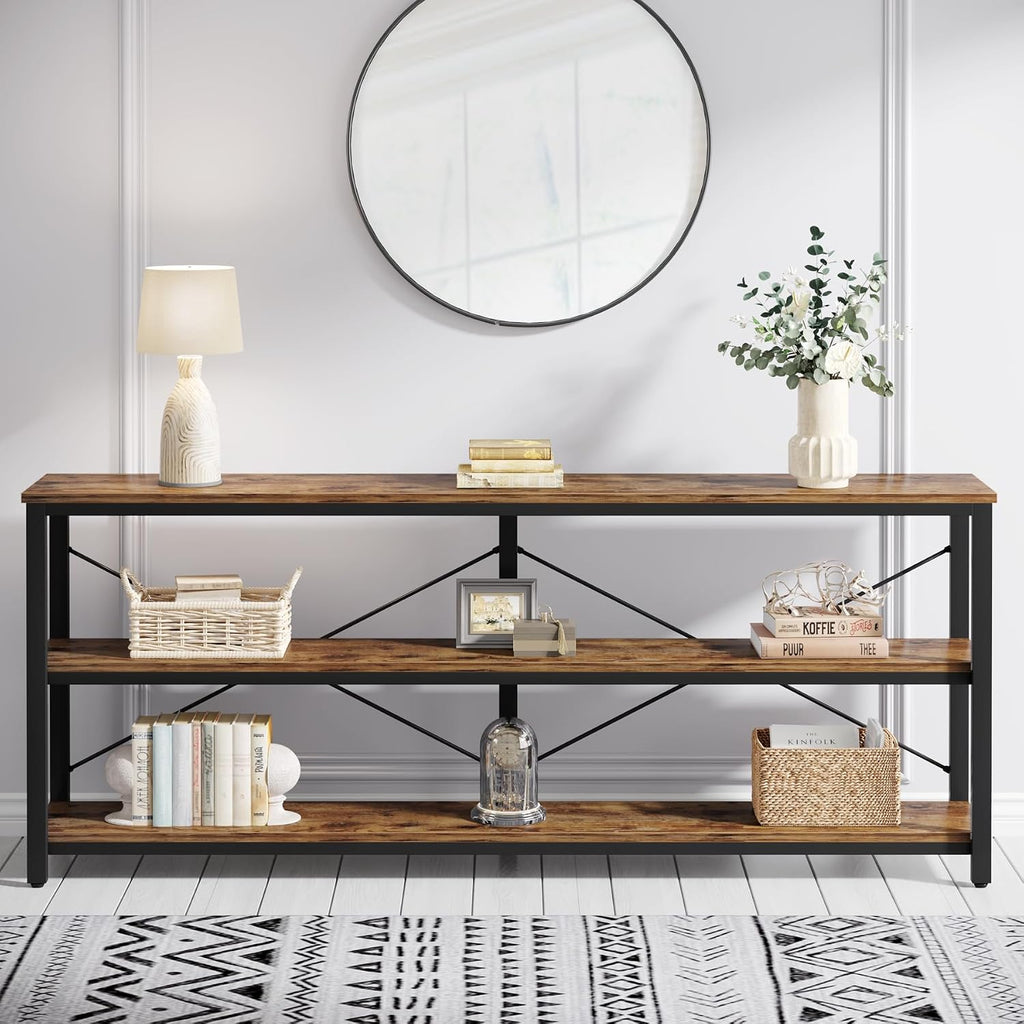 Tribesigns 70.9-Inch Extra Long Console Table, 3-Tier Industrial Sofa Table with Metal Frame, Modern Behind Couch Table with Storage Shelves for Living Room Entryway Hallway Foyer (Brown and Black)