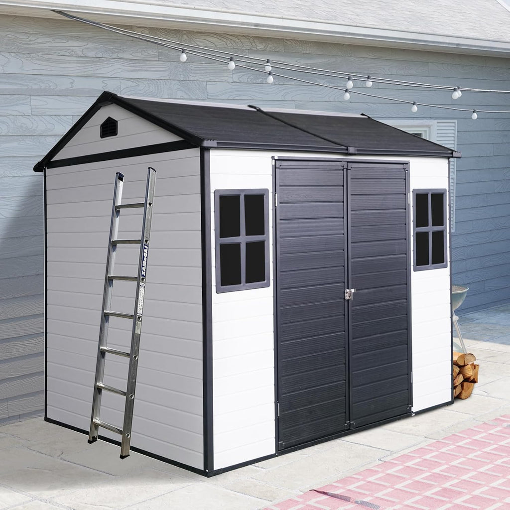 8x6FT Storage-Shed Outdoor-Resin with-Floor - Tool Shed Waterproof with Lockable Door 2 Windows for Backyard Garden Patio Lawn