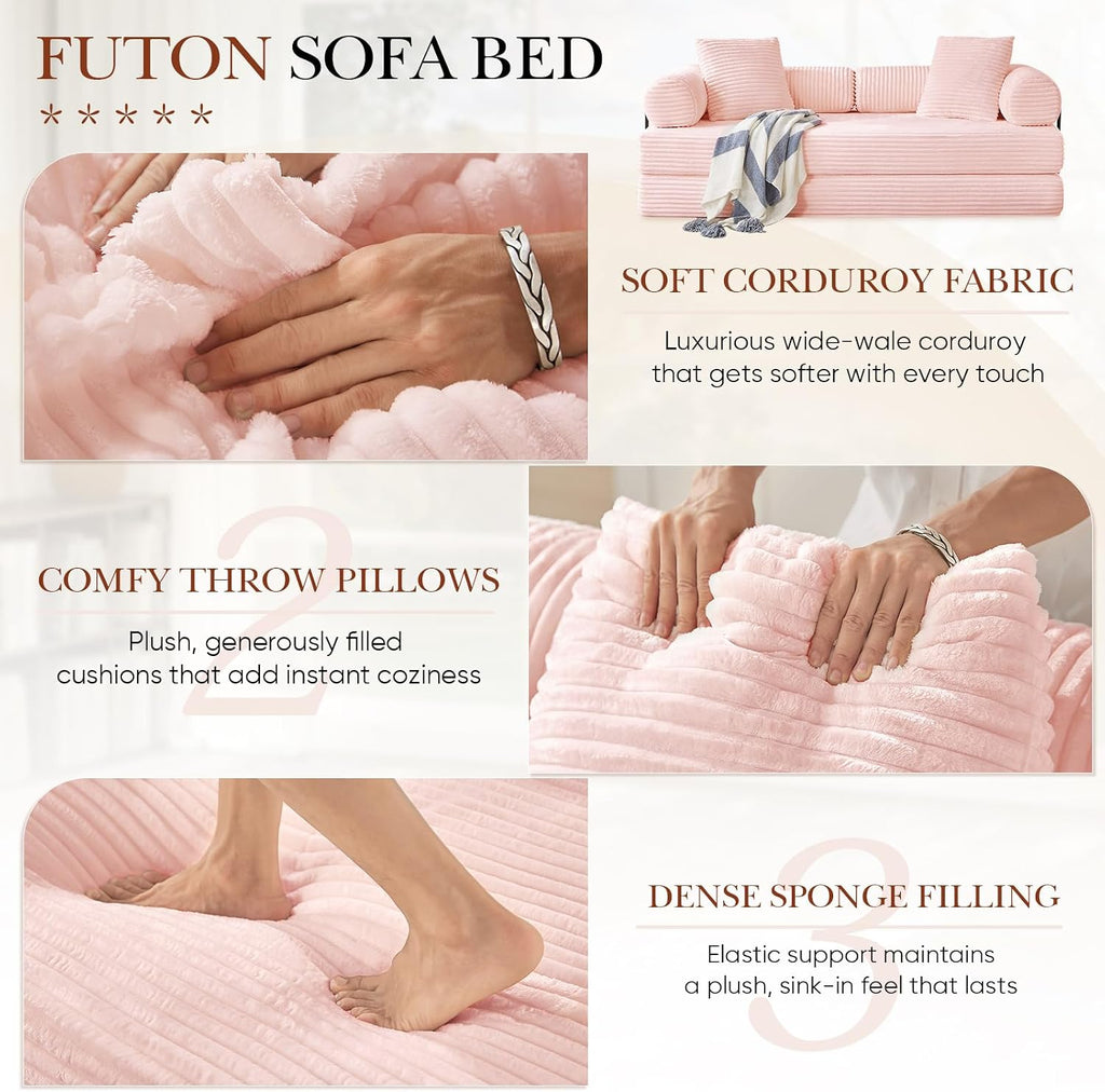 Modular Couch Bed, Convertible Folding Plush Corduroy Comfy Floor Memory Foam Compression Loveseat Sleeper Sofa Couch, King Size Bed for Guest Room Living Room Bedroom, No Assembly Required, Pink