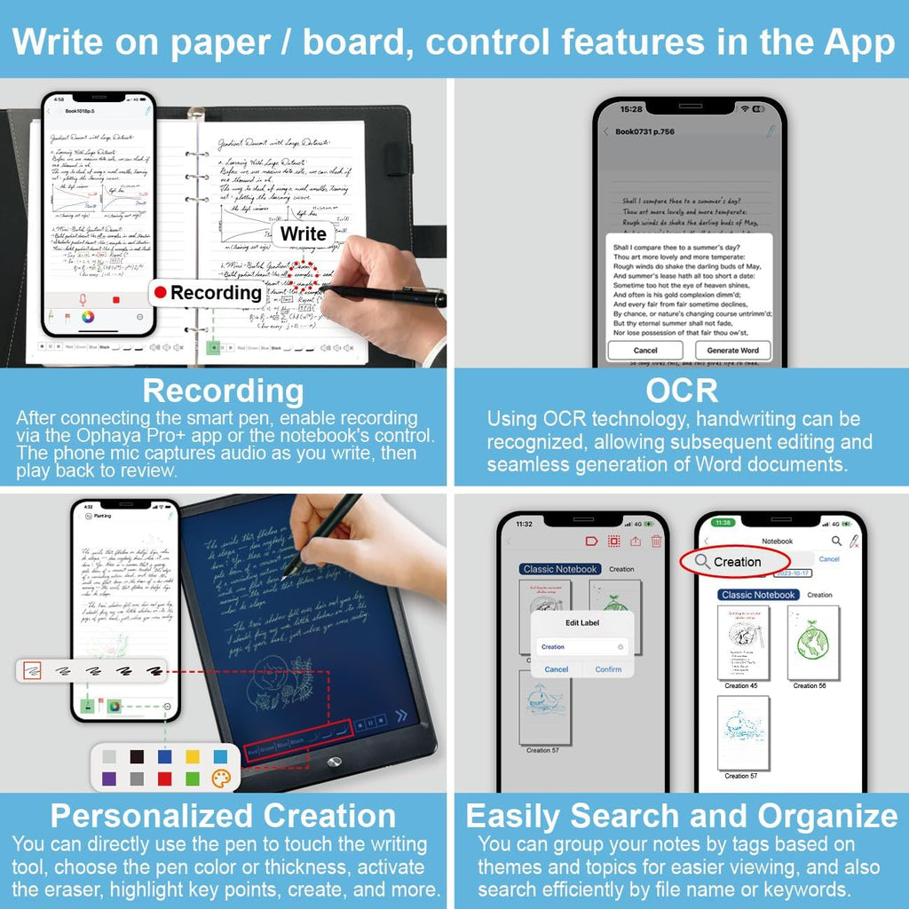 Ophayapen Smart Sync Pen for Note Taking with Notebook and Writing Board,Real-time Sync for Digitizing,Convert to Text,Storing,Sharing Paper Notes via APP on Smartphone/IPAD (Android and iOS)